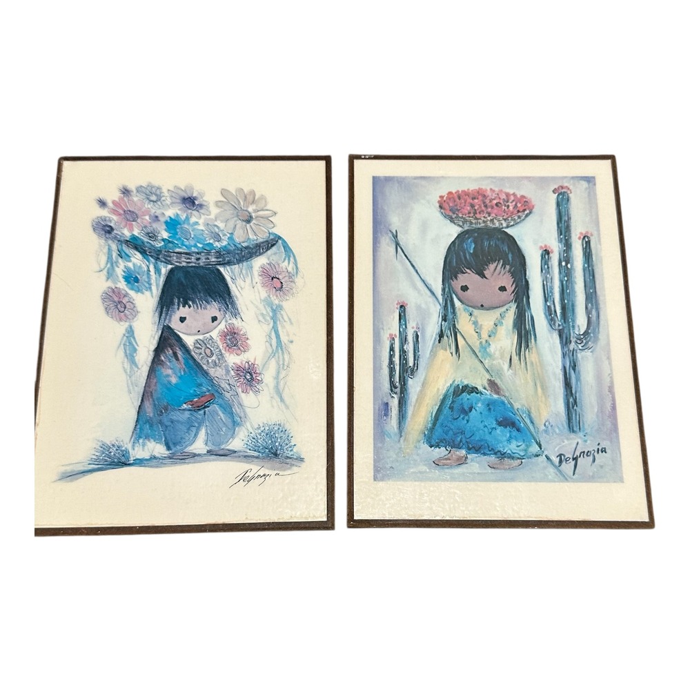 Vintage DeGrazia Wood Plaque Art Set Little Papago Girl Flowers Everywhere 4x6